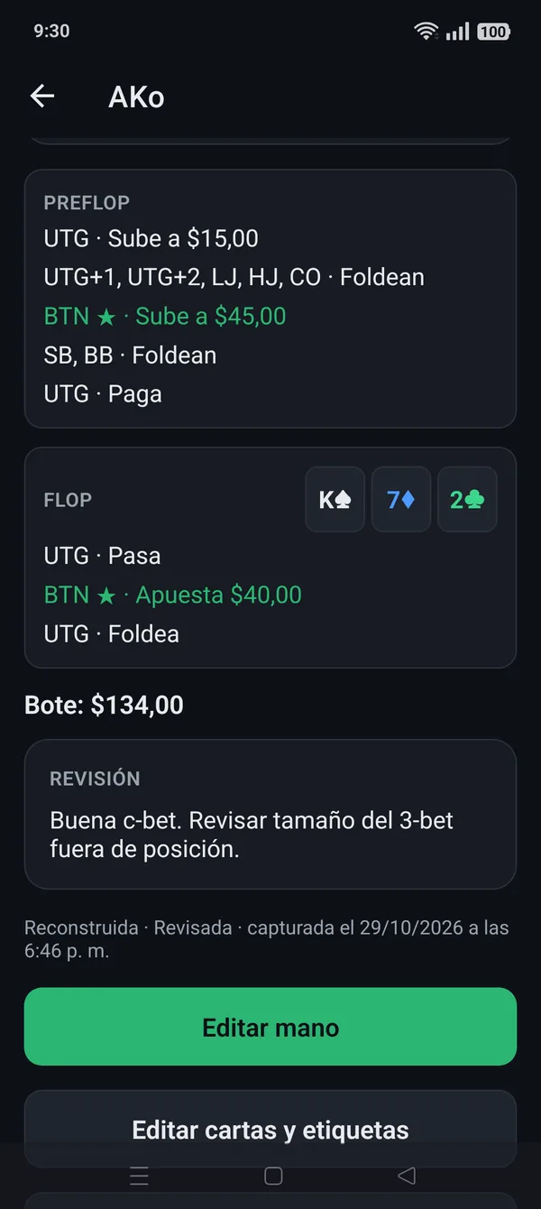 Detalle de una mano reconstruida con bote y notas de revisión
