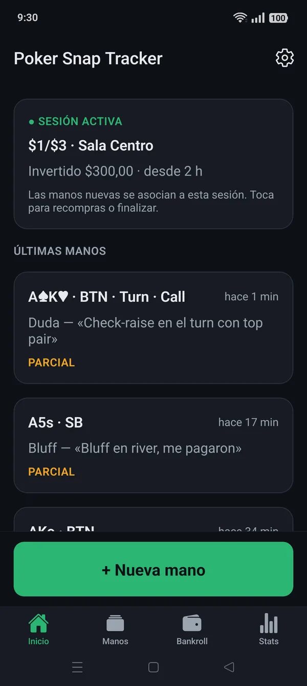 Inicio con sesión activa y últimas manos