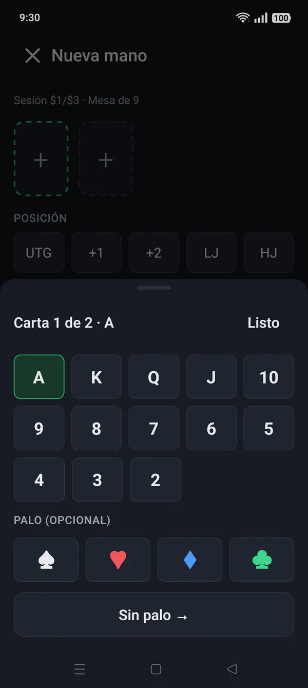 Selector de cartas con rangos y palos