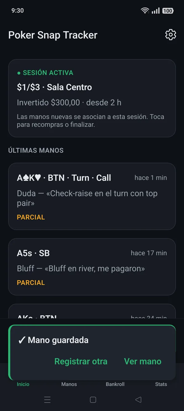 Aviso de mano guardada en la pantalla de inicio