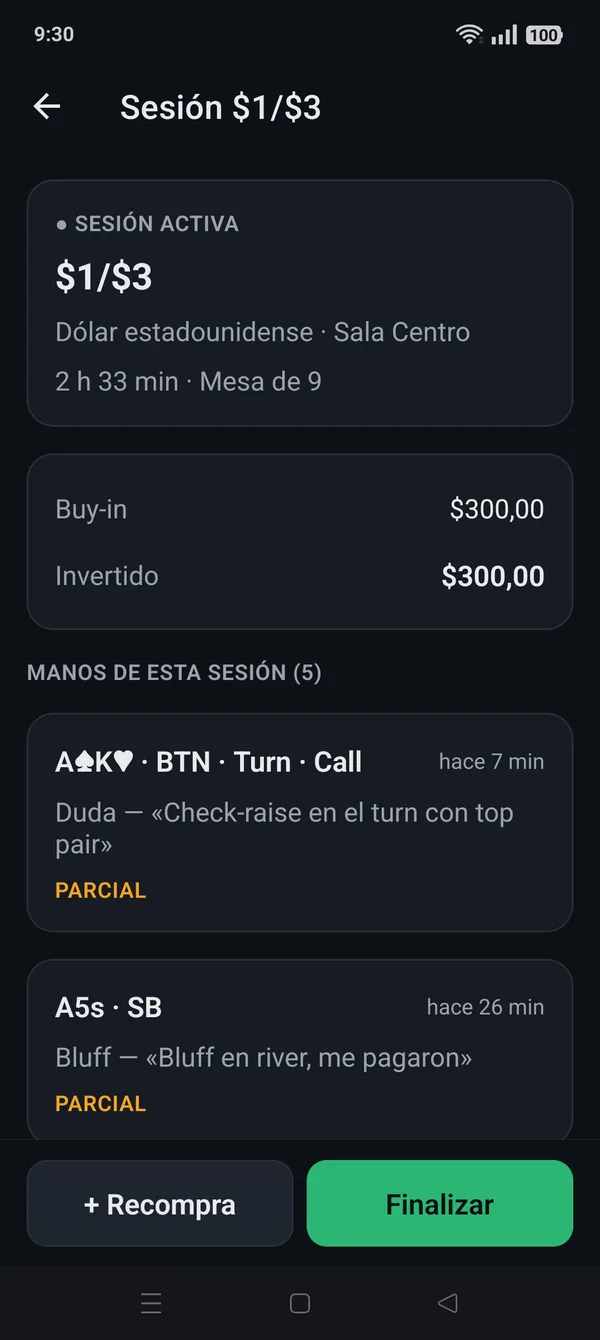 Sesión activa con buy-in y manos asociadas