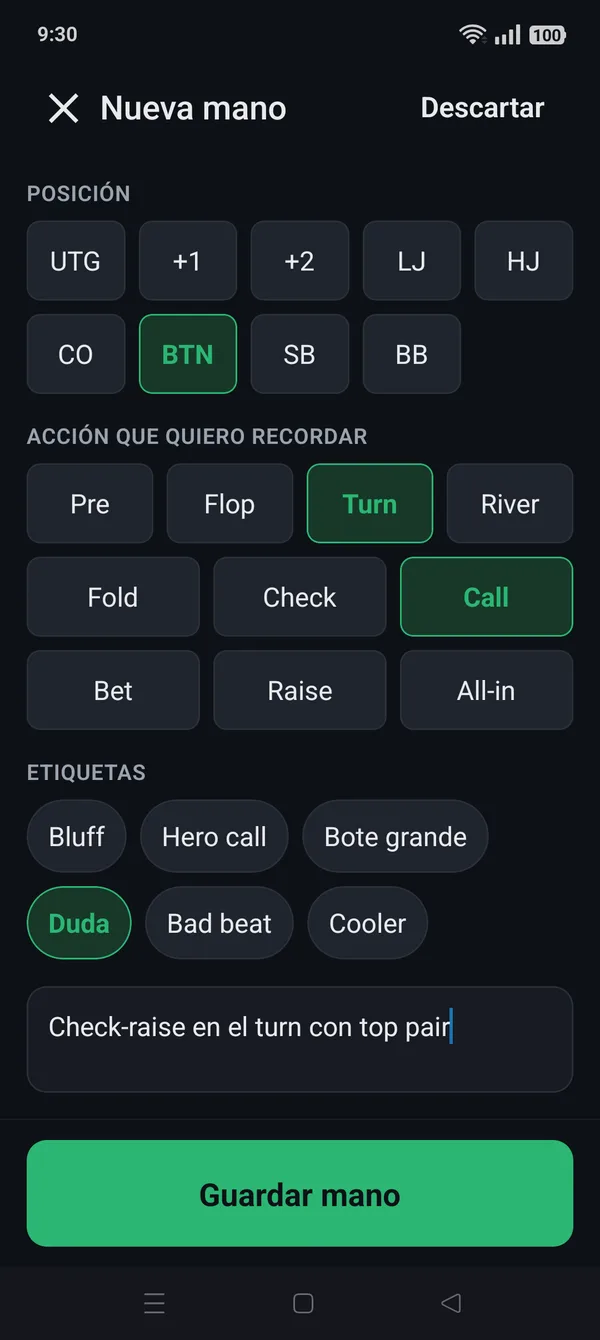 Registro rápido: etiquetas y nota