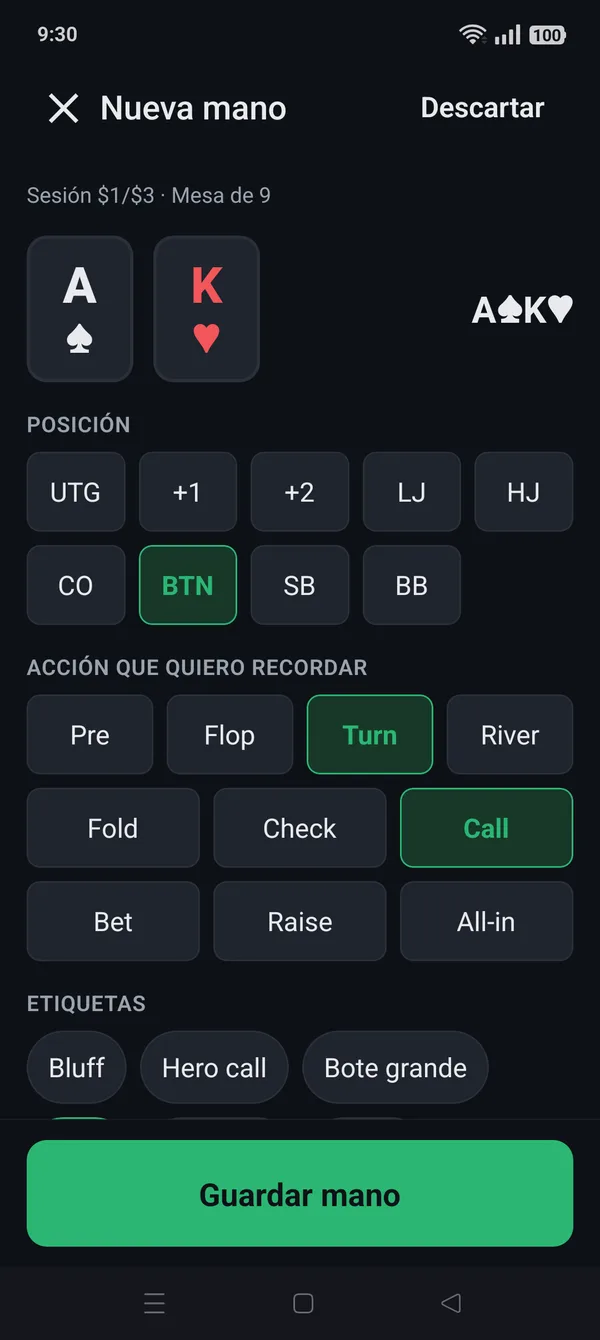 Pantalla de registro rápido con A♠ K♥ en el botón